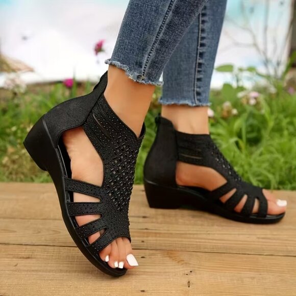 Wedge Heel Rhinestone Fish Mouth Sandals - Picture 1 of 7